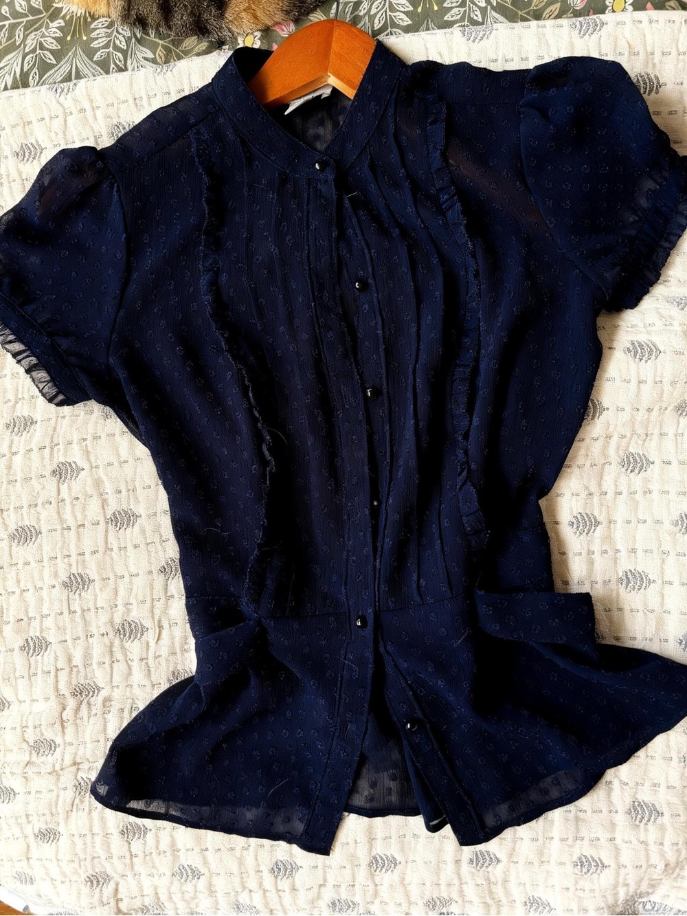 LOFT Dark Navy Pintuck Dot Peplum Blouse